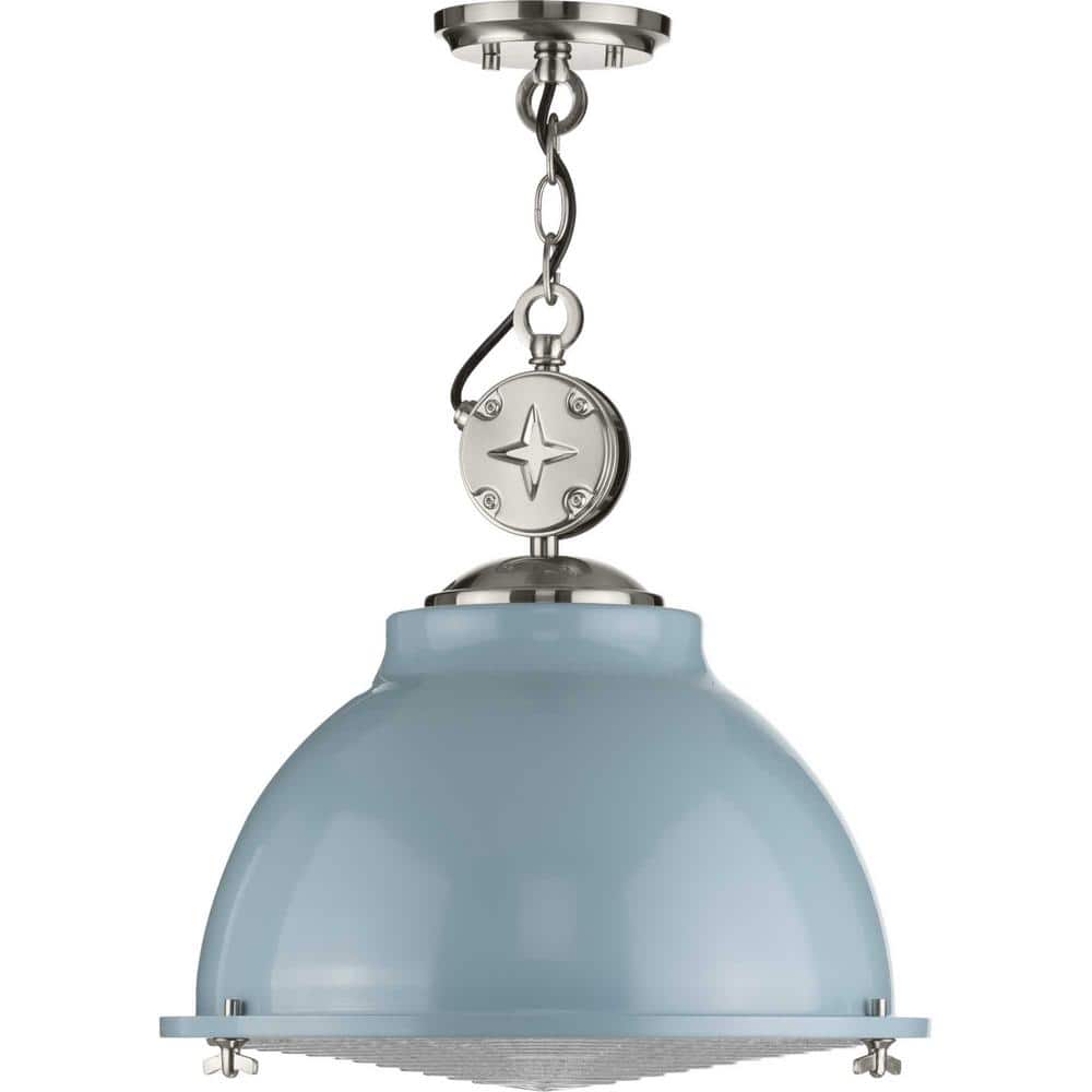 Coastal Blue and Nickel 17" Pendant Light with Glass Shade