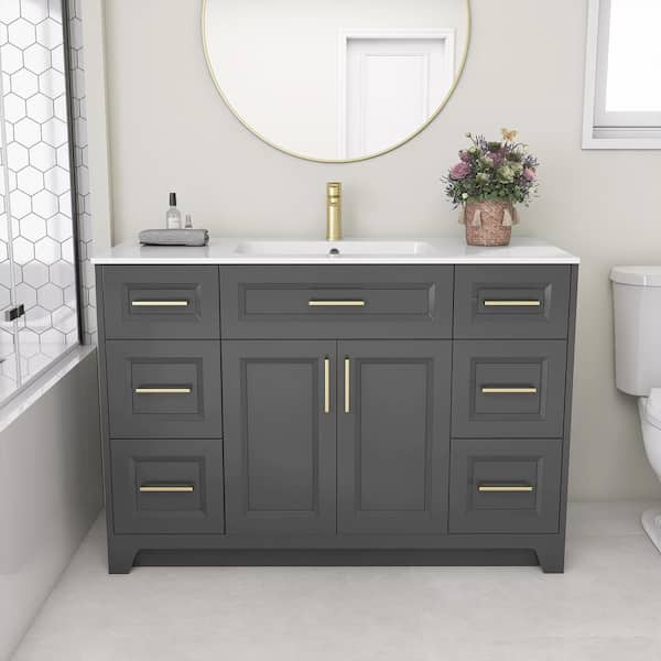 Getpro 48 in. W x 22 in. D x 34 in. H Single Sink Freestanding Bath Vanity Dark Grey with Solid Surface White Top and Basin