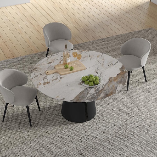 Monland Modern Round White Snowy Mountain Stone Tabletop 59.06 in. Carbon Steel Black Pedestal Base Dining Table (8 Seats)