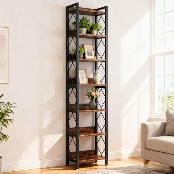 78.7 in. Tall Rustic Brown Engineered Wood 7-Shelf Bookcase, Tall Narrow Bookshelf Corner Shelf Rack Stand