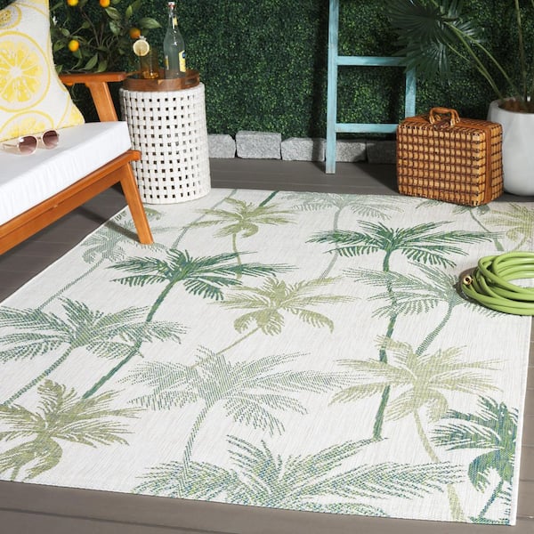 Courtyard Ivory/Green 5 ft. x 8 ft. Botanical Palm Leaf Indoor/Outdoor Area Rug