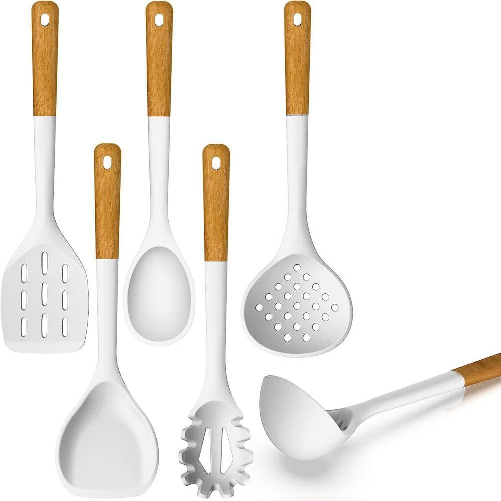 Cream White Silicone Cooking Utensils Set with Wooden Handles