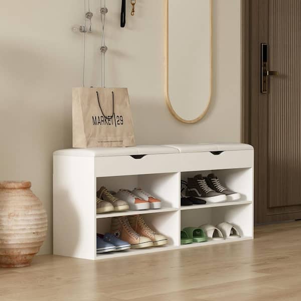 21.2 in. H x 47.2 in. W, White Wooden Shoe Storage Bench with Seating Cushion Open Shelf and Hiden Place (for 8 Pairs)