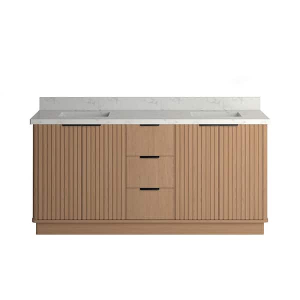 Kathryn 72 in. Double Freestanding Bath Vanity in Light Oak with Statuario Venato Marble Quartz Top and Square Sinks