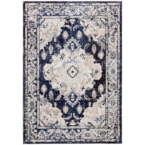 SAFAVIEH Monaco Ivory/Navy 4 ft. x 6 ft. Distressed Border Medallion Area Rug
