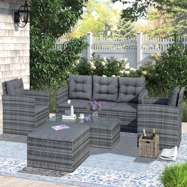 Tunearary 5-Piece Wicker Outdoor Storage Conversation Sectional Sofa Set with Table Ottoman Gray Cushions