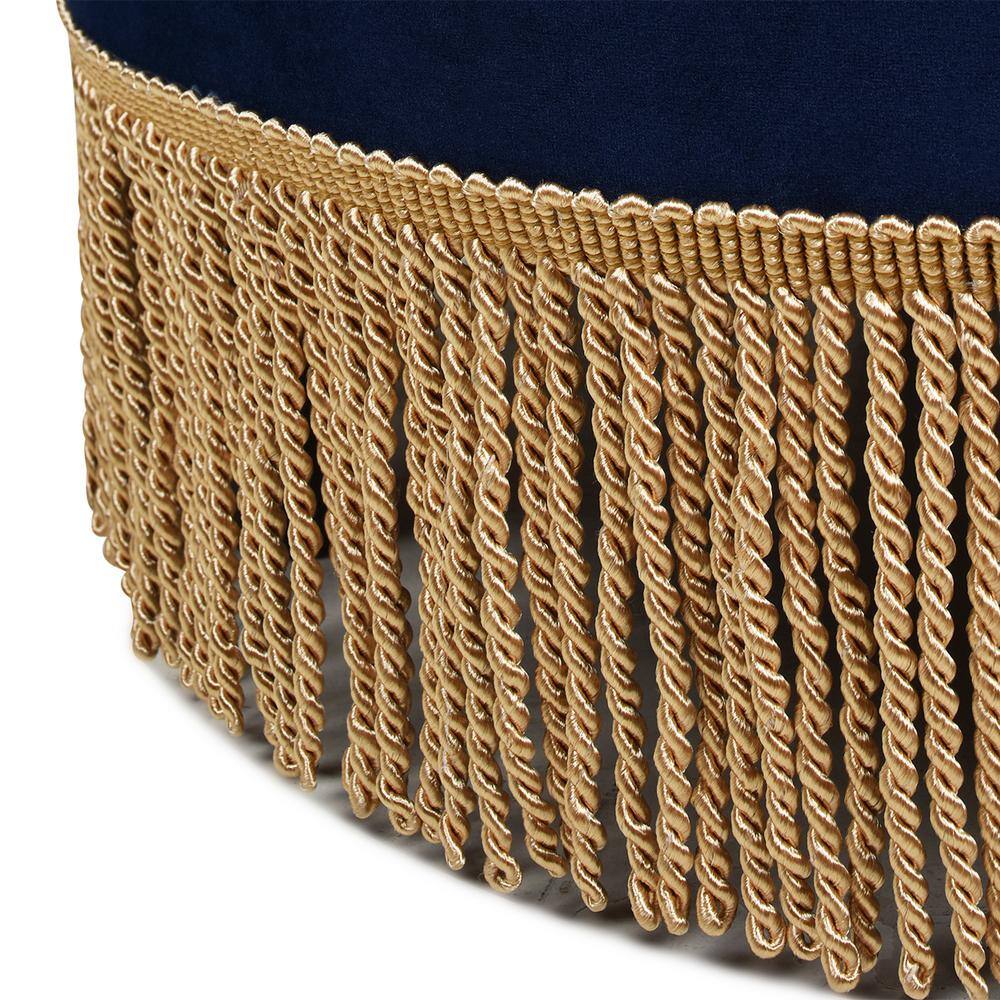 Navy Blue Velvet Tufted Round Ottoman with Fringe