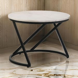 Custom Series 23.75 in. White and Black Round Marble Coffee Table with C Base and Black Metal Finish