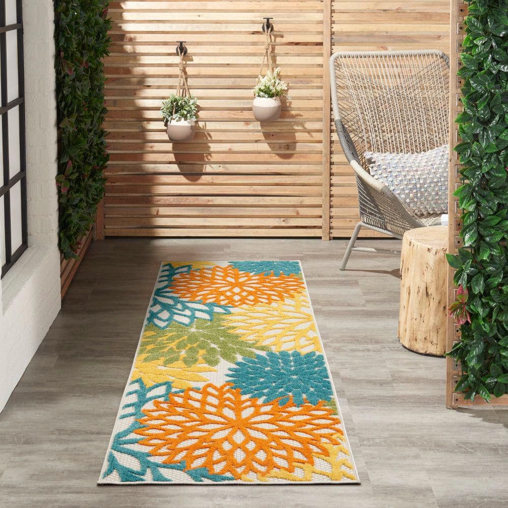 Tropical Turquoise Floral 2' x 6' Synthetic Outdoor Runner Rug
