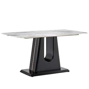 Modern Rectangle White Faux Marble 32.68 in.Pedestal Dining Table Seats for 6