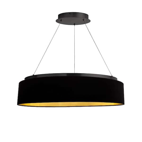 Dainolite Circulo 1-Light Dimmable Integrated LED Matte Black Shaded Chandelier with Black/Gold Fabric Shade