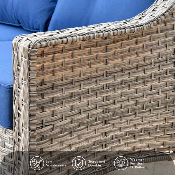 Palffy Gray 6-Piece Wicker Patio Conversation Seating Set with Navy Blue Cushions and Swivel Rocking Chairs
