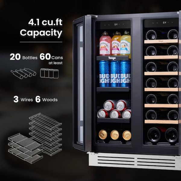 24 in. 20-Bottles Wine and 60-Cans Beverage Cooler Dual Zone Refrigerator Built-In or Freestanding Fridge Frost Free
