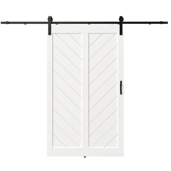 TENONER 48 in. W. x 84 in. V-Shape White Finished MDF Sliding Barn Door with Hardware Kit