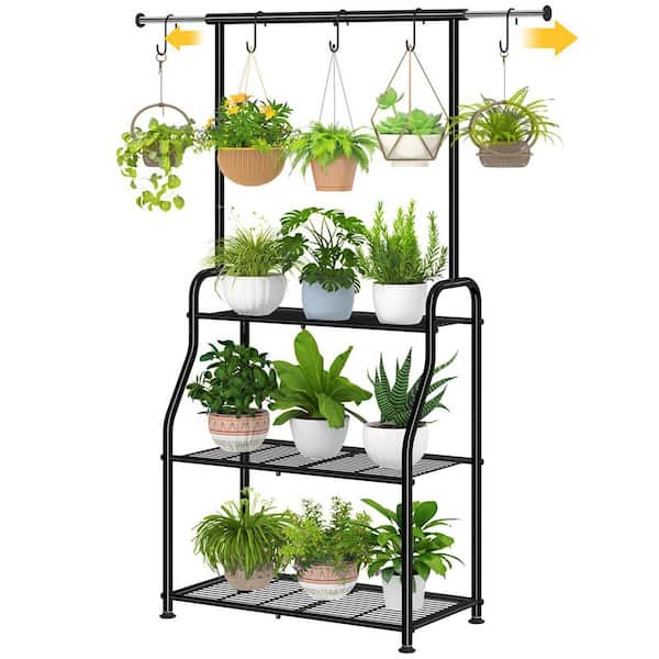 3-Tier Black Metal Rectangular Heavy Duty Plant Stand Shelf with Indoor Outdoor Compatibility (13in. W x 64 in. H)