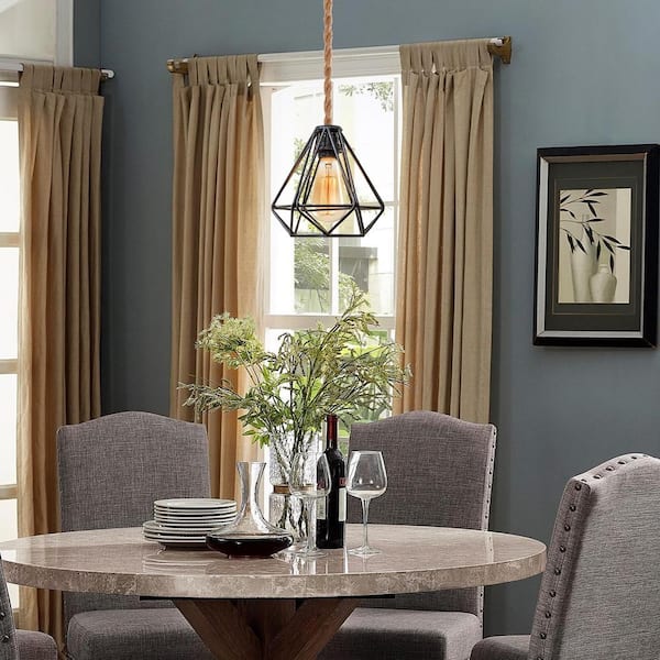 1-Light Vintage Gold Finish Plug-In Hanging Pendant with Hemp Rope and Black Socket (1-Pack)