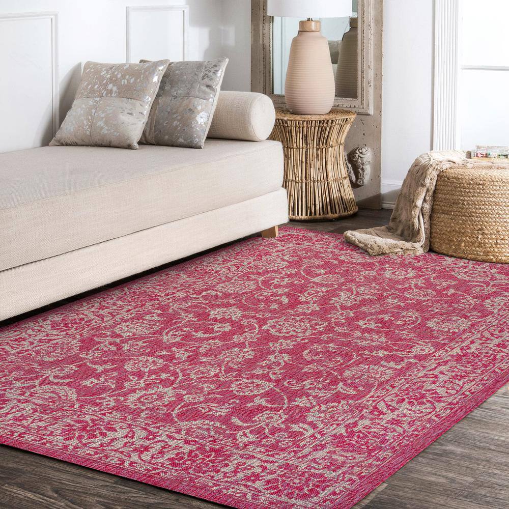 Tela Fuchsia and Light Gray Floral Synthetic 3' x 5' Area Rug