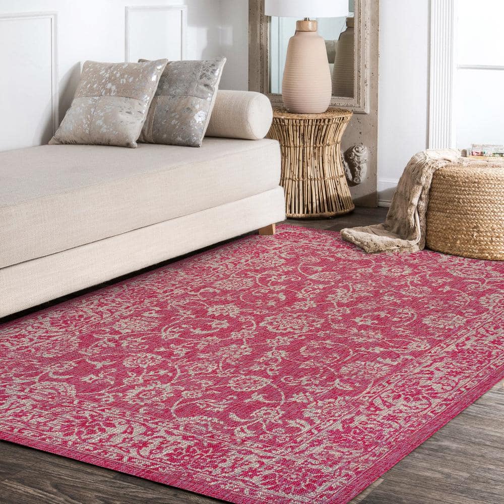 9' x 12' Fuchsia and Light Gray Floral Synthetic Area Rug