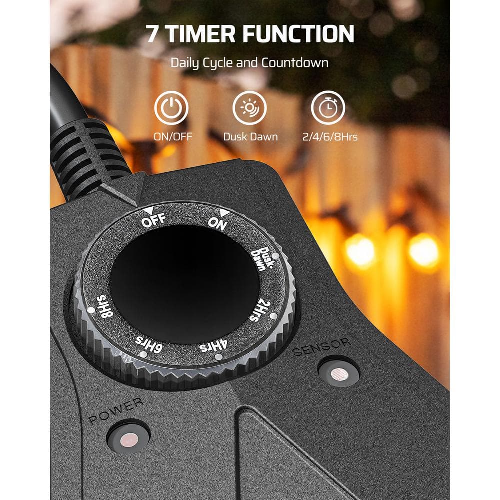 Black Waterproof Outdoor Timer with 3 Outlets and Dusk to Dawn Function