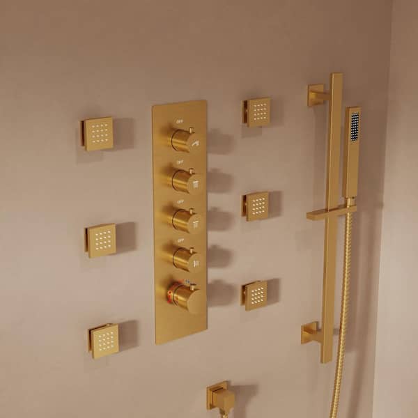 Dual 15-Spray Ceiling Mount 16 and 6 in. Fixed and Handheld Shower Head 2.5 GPM in Brushed Gold Valve Included