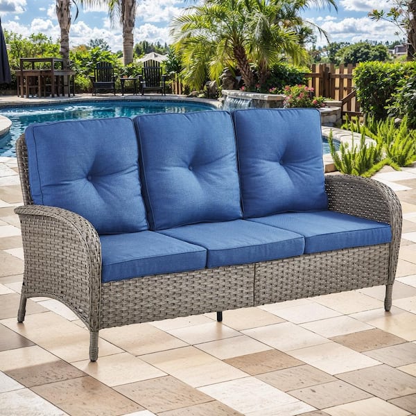 Carlos Gray Wicker Patio Sofa 3-Seater Seactional Outdoor Couch with Thick Deep CushionGuard Blue Cushions