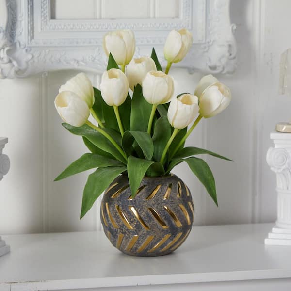 Nearly Natural 15 in. Tulip Artificial Arrangement in Decorative Vase 1997-WH - The Home Depot
