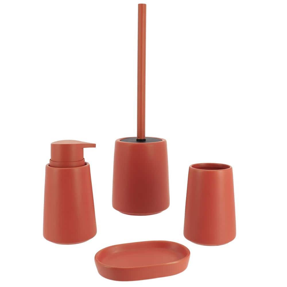 Terracotta Stoneware Toilet Brush and Holder Set with Bamboo Handle