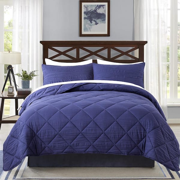 3 Piece Navy Microfiber Queen Comforter Set