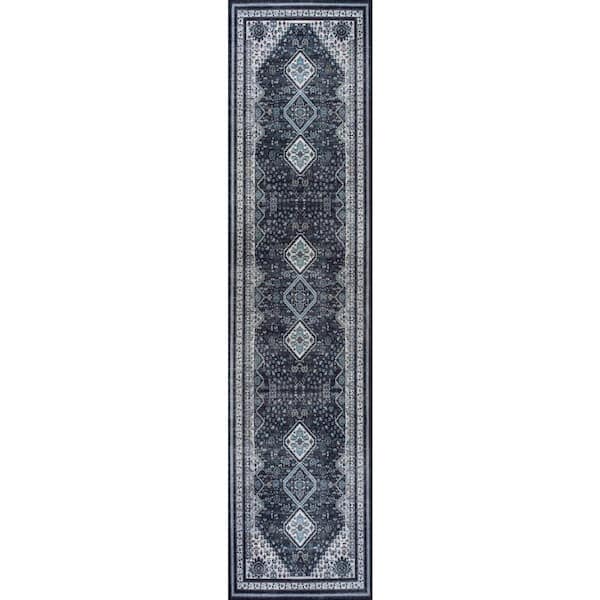 Dalyan Geometric Medallions Machine-Washable Navy/Light Gray 2 ft. x 8 ft. Runner Rug