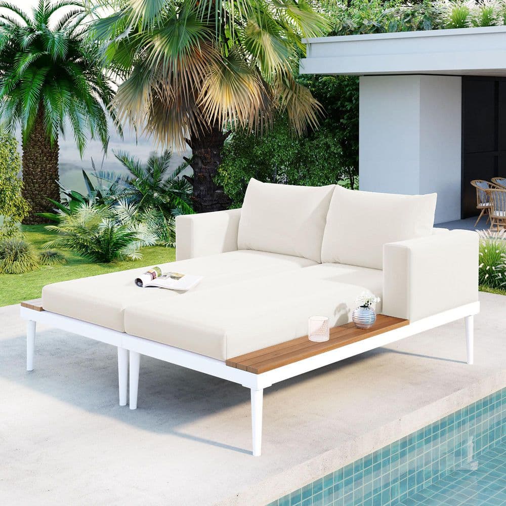 White Metal Outdoor Day Bed with Beige Cushions and Wood Topped Side Spaces