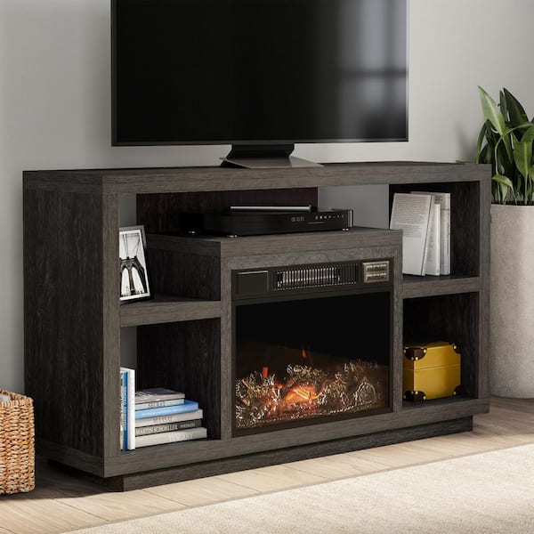 Unbranded 48 in. Black Woodgrain Entertainment Center Fits TV's up to 48 in. with Electric Fireplace Heater and LED Flames