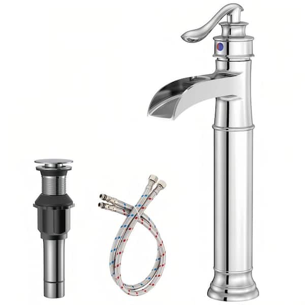 HOMEMYSTIQUE Single Handle Waterfall Vessel Sink Faucet with Drain Kit Included in Polished Chrome