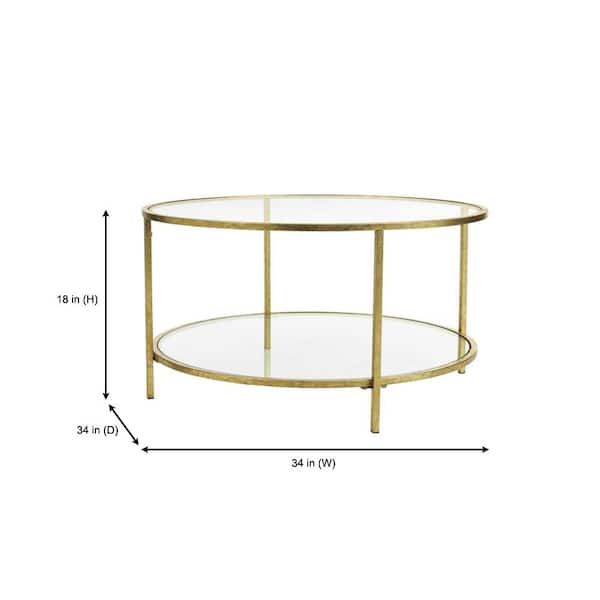 Bella Medium Round Gold Metal and Glass Coffee Table with Shelf (34 in. W x 18 in. H)
