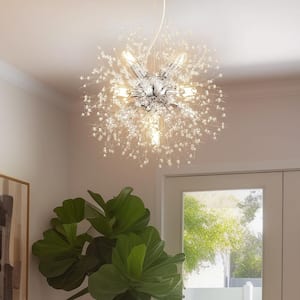 8-Light Chrome Globe Dandelion Chandelier Modern Starburst Pendant Light with Crystal Dangles for Bedroom Foyer Hallway