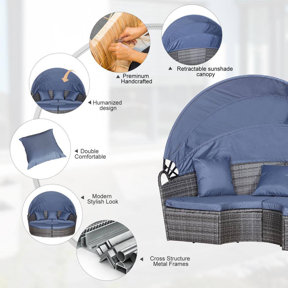 Gray and Blue Cushioned Rattan Wicker Outdoor Daybed with Canopy