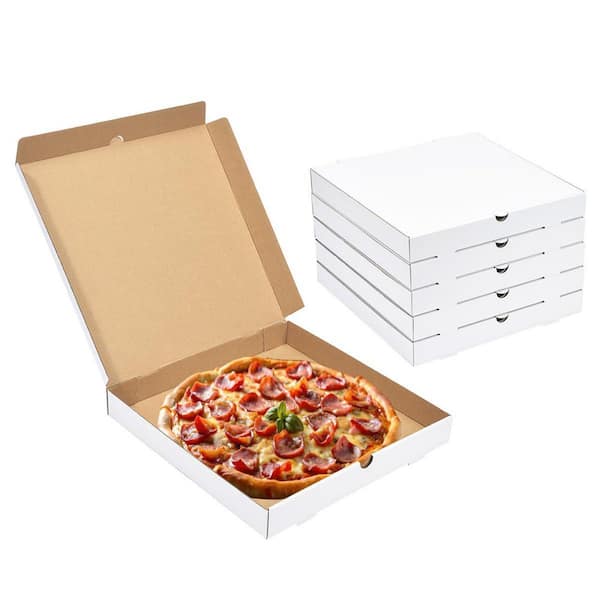 10-Pack 14 in. x 14 in. x 2 in. Corrugated Pizza Boxes, Heavy Duty Cardboard Pizza Boxes, Disposable White Boxes