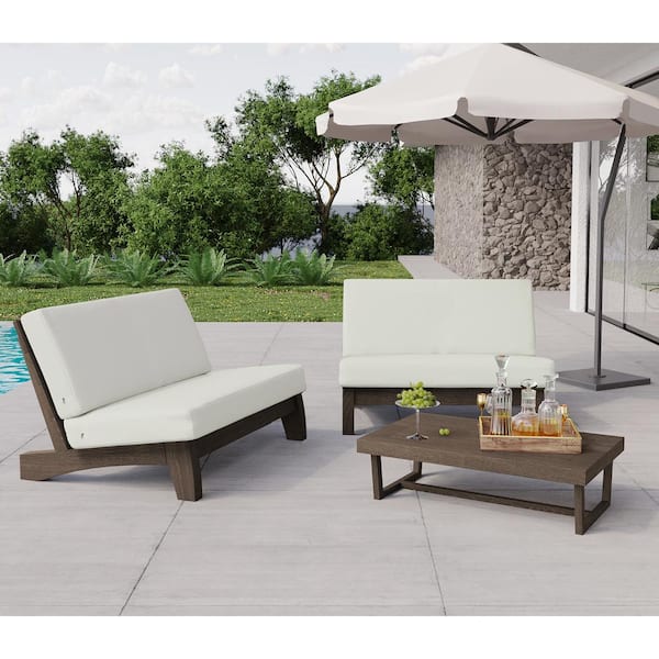 Uixe 3-Piece Acacia Wood Brown Outdoor Bistro Club Loveseat Chair Set with Removable White Cushions and Coffee Table