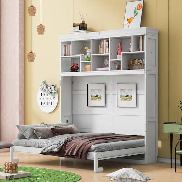 White Wood Frame Queen Murphy Bed with Top Shelves and USB