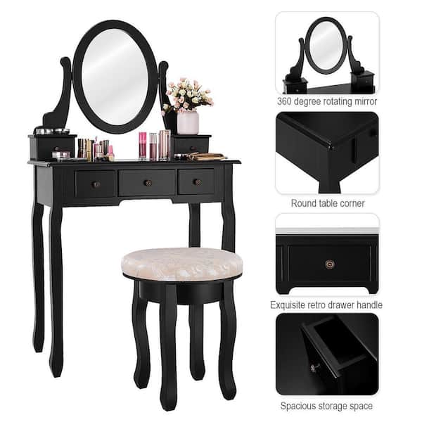 Makeup Table Cushioned Stool Mirror, Vanity Desk Combo Black And Decker