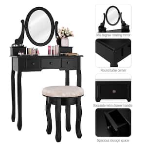 2-Piece Black Vanity Table Set Bedroom Set Makeup Table Cushioned Stool Mirror with 5-Drawers