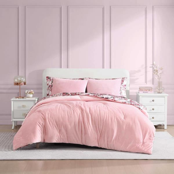 BETSEY JOHNSON Velvet Solid 3-Piece Sea Pink Velvet Full/Queen Duvet Cover Set