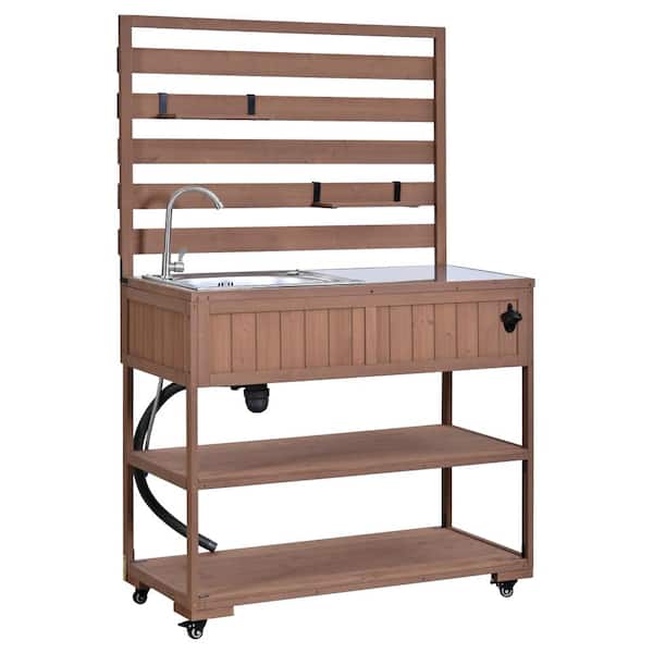 Brown Wood Patio Garden Potting Bench with Sink,Stainless Table Top,2 Movable Shelves and 1 Bottle Opener