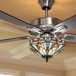 Wright 52 in. Satin Nickel Mission Stained Glass Ceiling Fan with Light