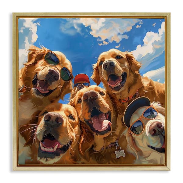 Stupell Industries Golden Retriever Group Selfie by Jim Baldwin Gold Floater Frame Animal Graphic Art Print 18 in. x 18 in.