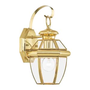 Aston 12.5 in. 1-Light Polished Brass Outdoor Hardwired Wall Lantern Sconce with No Bulbs Included