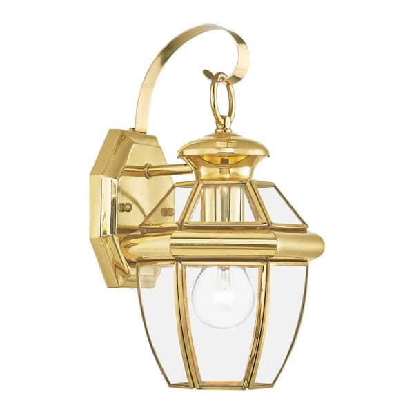 Aston 12.5 in. 1-Light Polished Brass Outdoor Hardwired Wall Lantern Sconce with No Bulbs Included