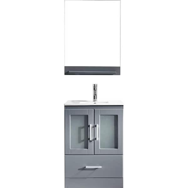 Virtu USA Zola 24 in. W Bath Vanity in Gray with Ceramic Vanity Top in Slim White Ceramic with Square Basin and Mirror
