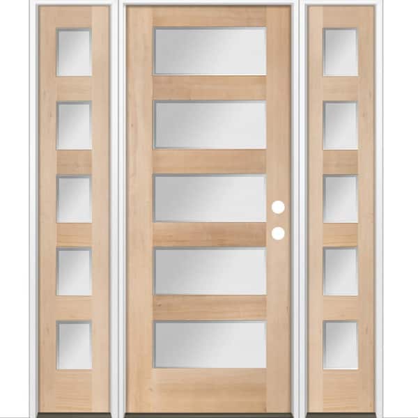 Krosswood Doors 64 in. x 80 in. Modern Hemlock 5-Lite Left-Hand/Inswing Frosted Glass Unfinished Wood Prehung Front Door w/ DSL