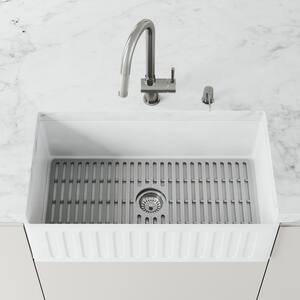 Matte Stone White Composite 33 in Single Bowl Slotted Farmhouse Apron-Front Kitchen Sink with Strainer and Silicone Grid