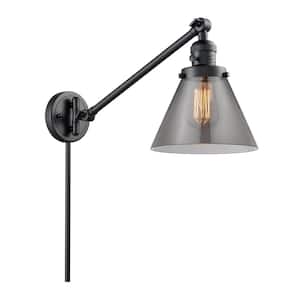 Franklin Restoration Cone 8 in. 1-Light Matte Black Wall Sconce with Plated Smoke Glass Shade with On/Off Turn Switch